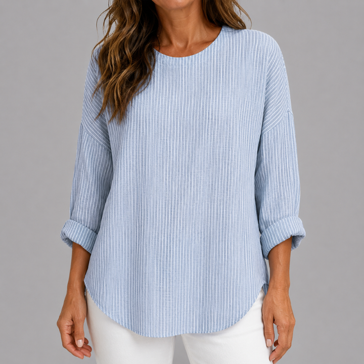 Women's Striped Relaxed Fit Top with Round Neck and Rolled Sleeves