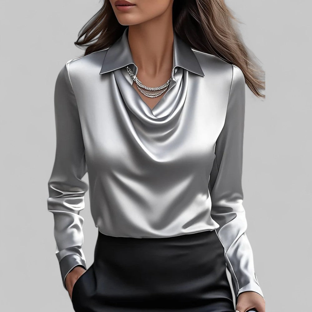 Women’s Draped Neck Long Sleeve Satin Blouses