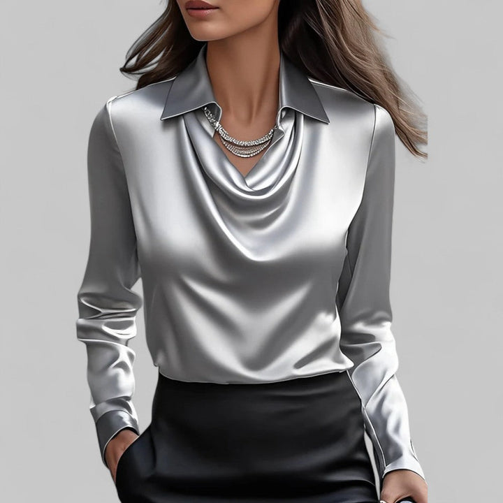 Women’s Draped Neck Long Sleeve Satin Blouses