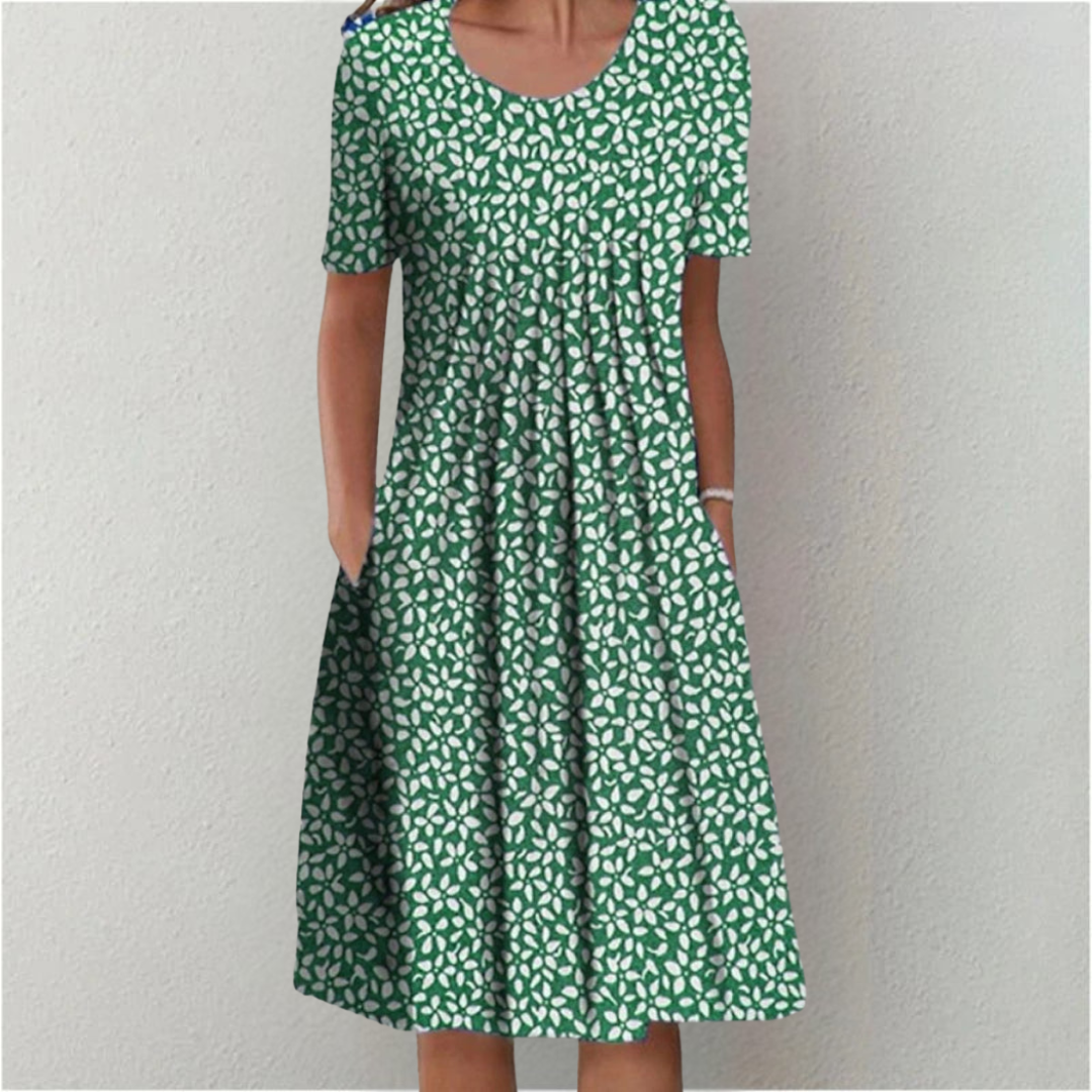 Women's Floral Print Short Sleeve Midi Dress with Gathered Bodice
