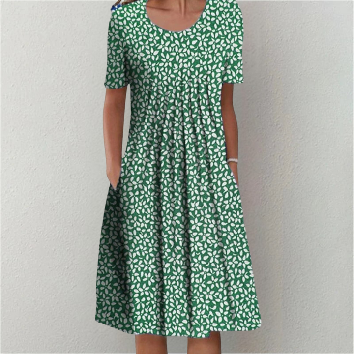 Women's Floral Print Short Sleeve Midi Dress with Gathered Bodice