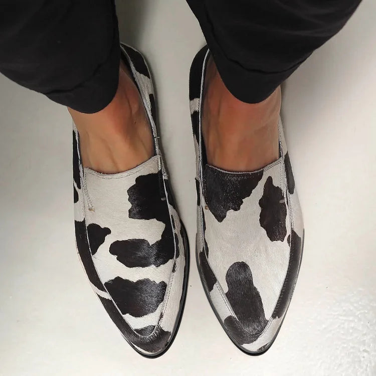Women's Cow Print Pointed Toe Loafers Low Block Heel