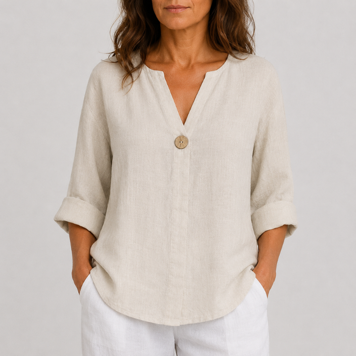 Women's V-Neck Blouse with Single Button Detail and Rolled Sleeves