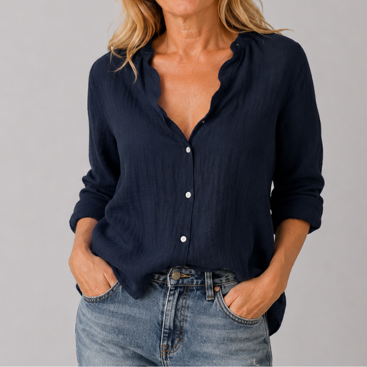 Women's Long Sleeve Button-Down Shirt with Lapel Detail and Curved Hem