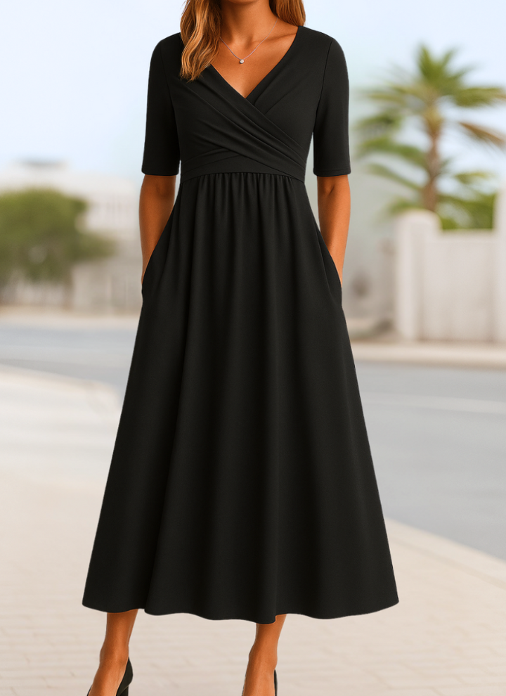 Women's Wrap V-Neck Midi Dress Short Sleeve Ruched Waist