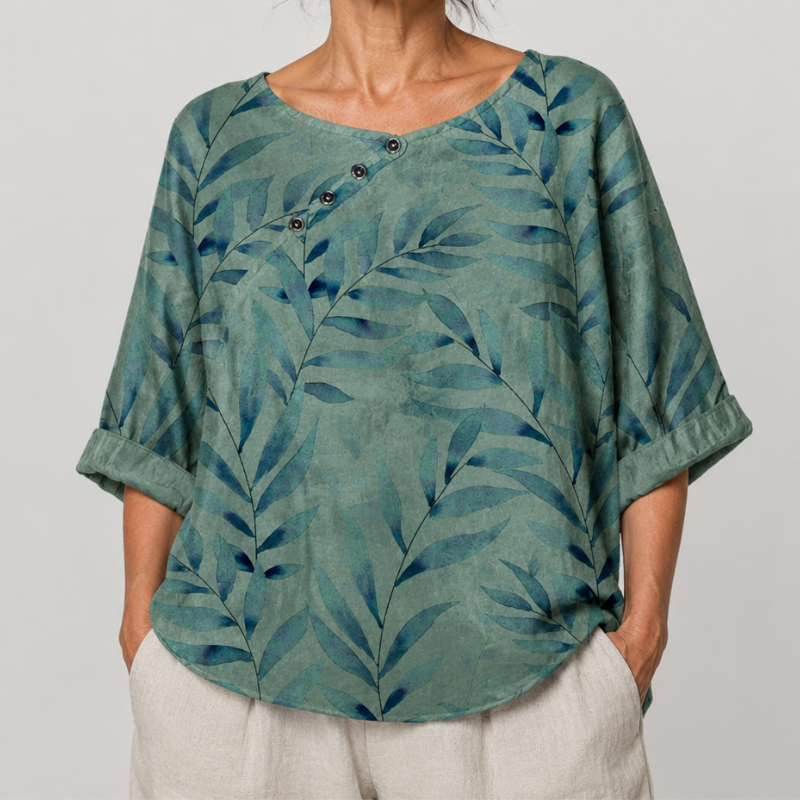 Women's Relaxed Fit Leaf Print Blouse with 3/4 Sleeves and Button Placket