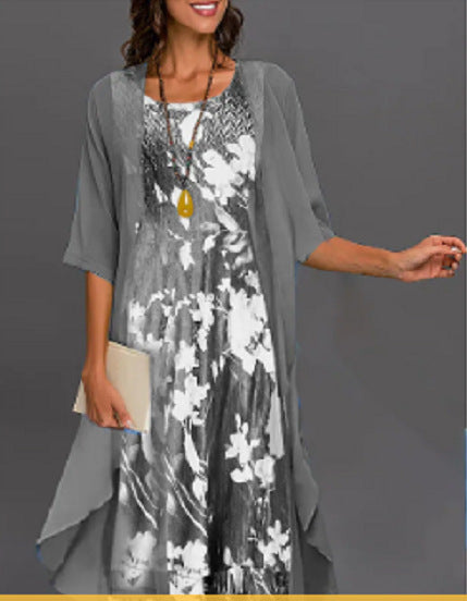 Women's Two-Piece Floral Print Midi Dress and Chiffon Cardigan Set