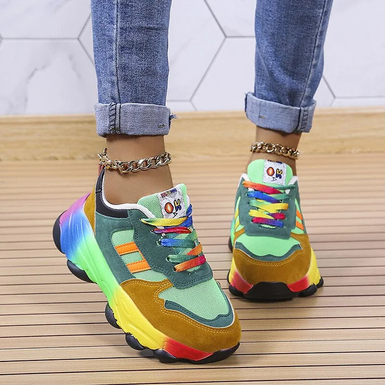 Women's Orthopedic Rainbow Colourblock Lace-Up Trainers