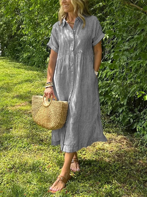 Women's Striped Button Up Midi Dress with Spread Collar and Gathered Waist