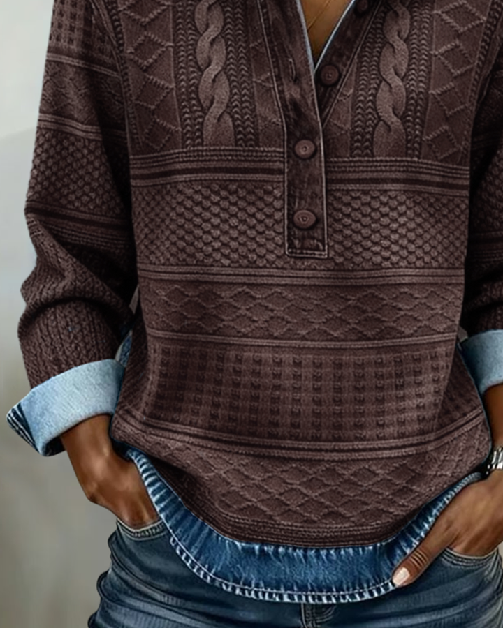 Women's Cable Knit Collared Half Button Sweatshirt