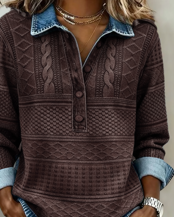 Women's Cable Knit Collared Half Button Sweatshirt