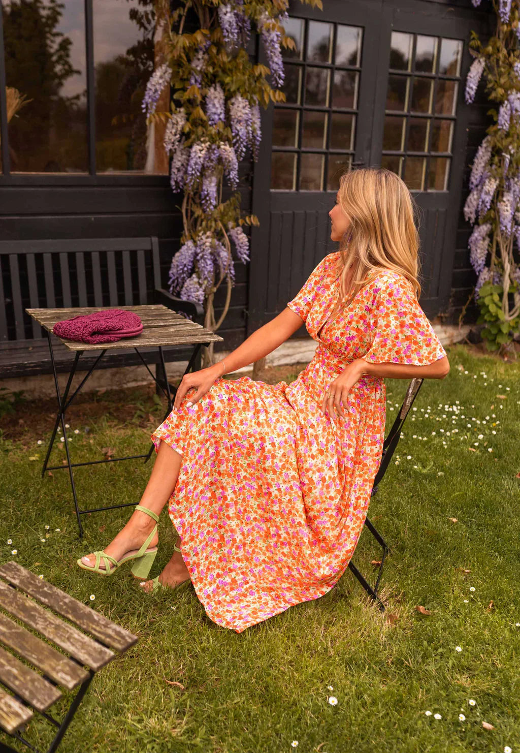 Floral Maxi Dress V-Neck Flutter Sleeve Ruched Waist