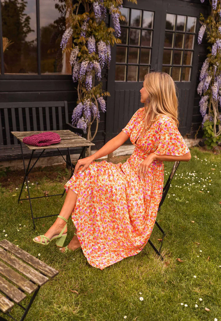 Floral Maxi Dress V-Neck Flutter Sleeve Ruched Waist