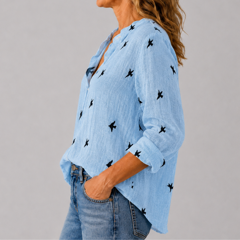 Women's Long Sleeve Button-Down Shirt with Lapel Detail and Curved Hem