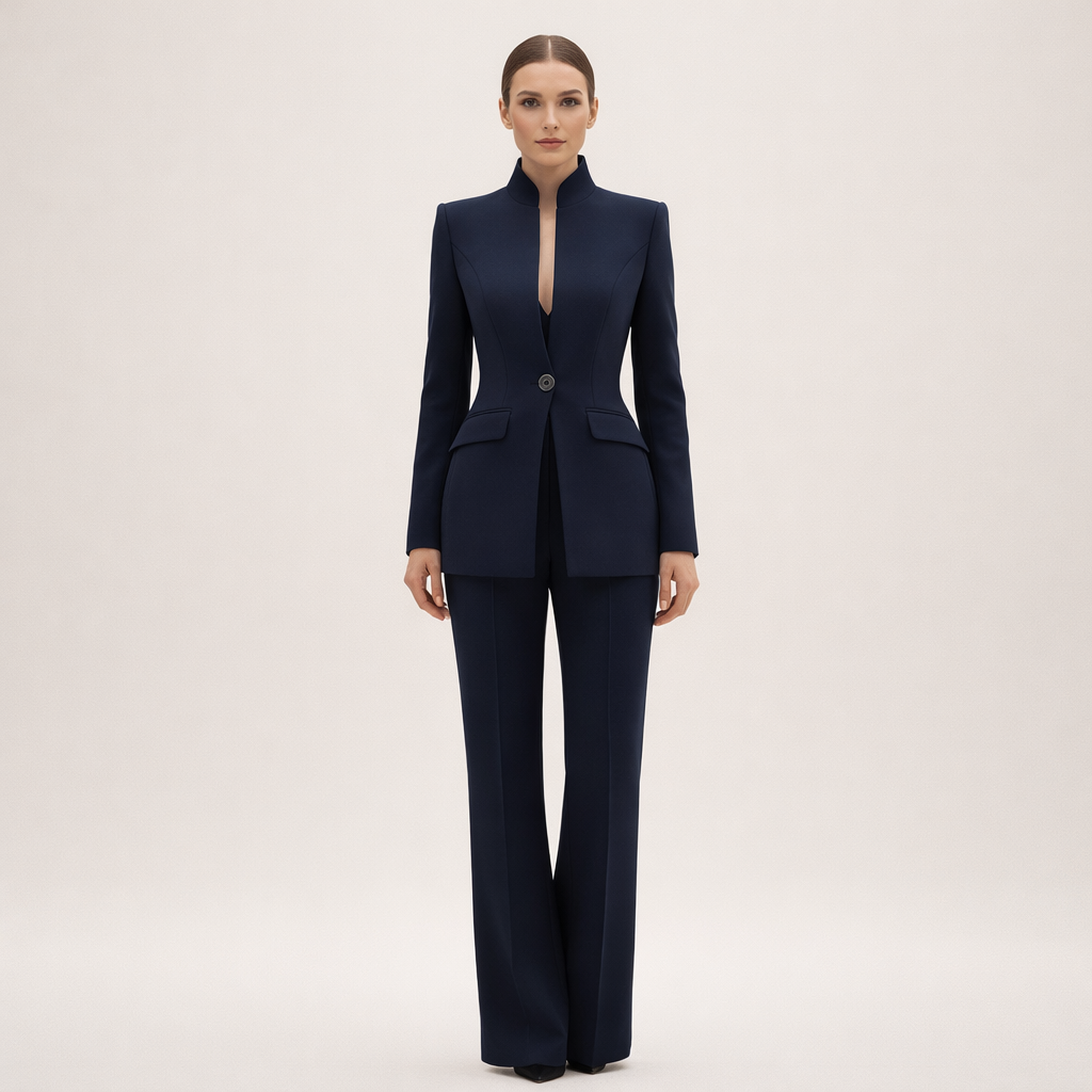 Women's Two-Piece Fitted Blazer and Wide-Leg Trousers Suit Set