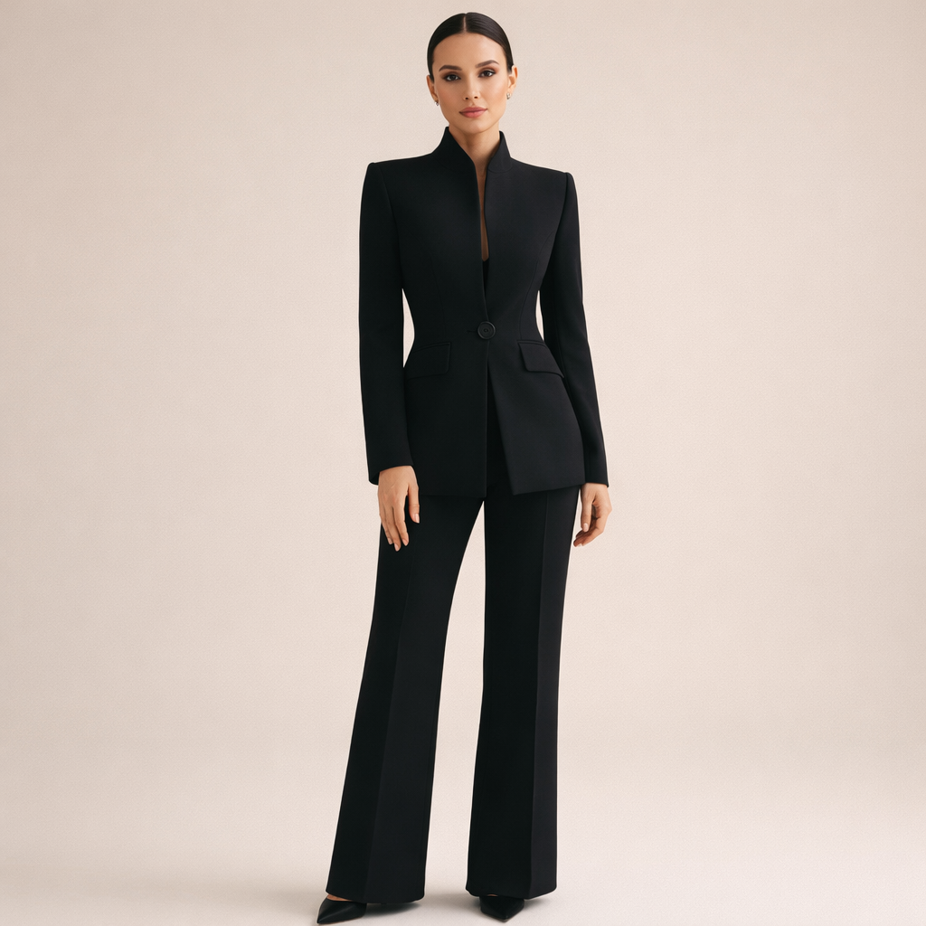 Women's Two-Piece Fitted Blazer and Wide-Leg Trousers Suit Set