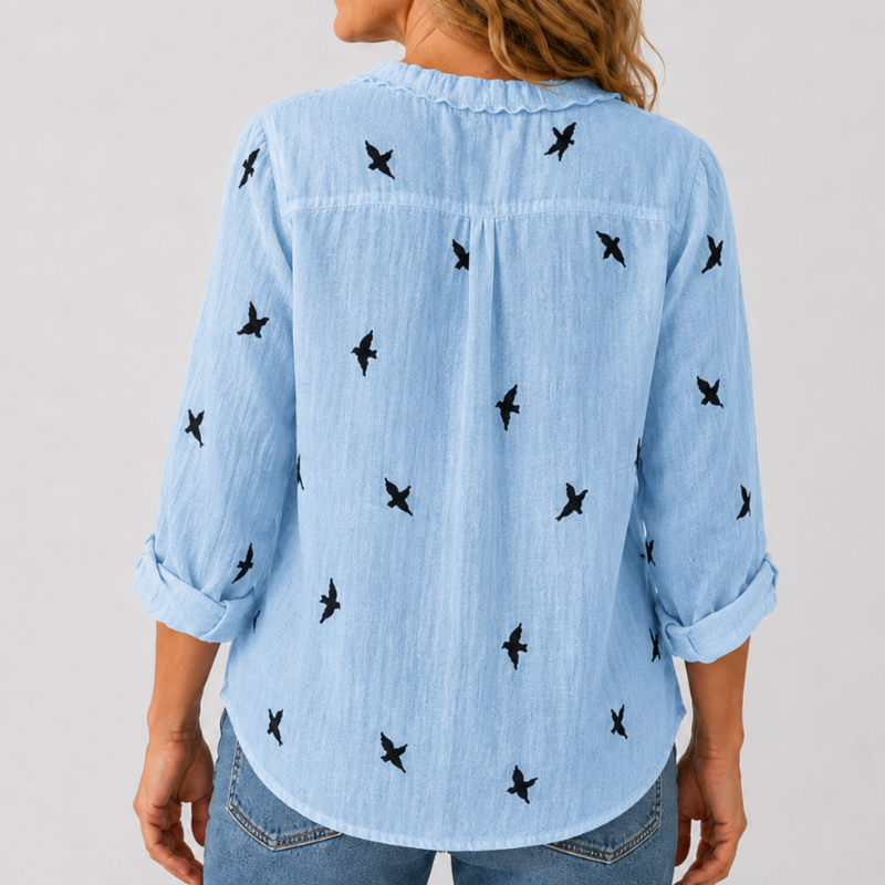 Women's Long Sleeve Button-Down Shirt with Lapel Detail and Curved Hem