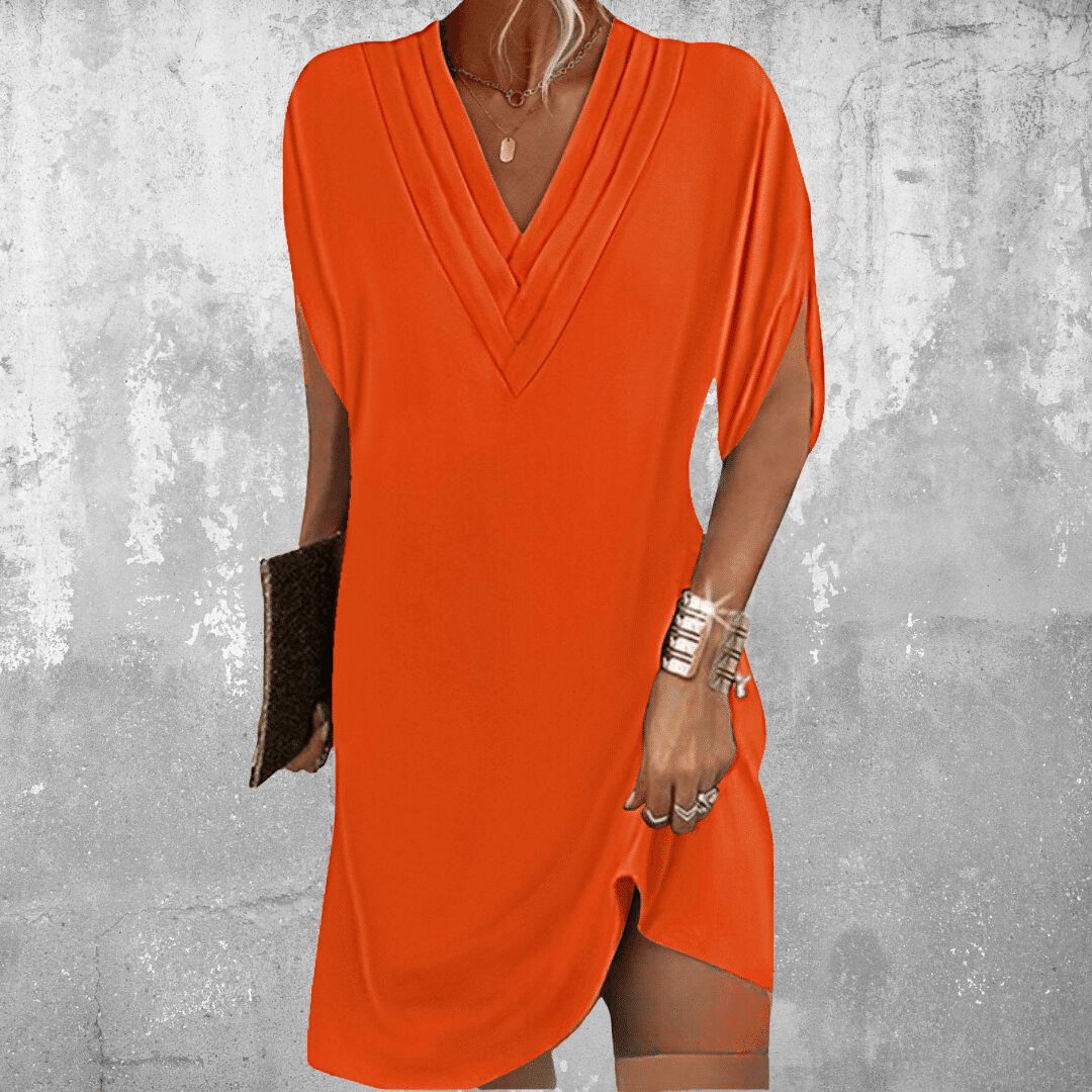 Women's V-Neck Sleeve Mini Dress with Side Split and Loose Fit
