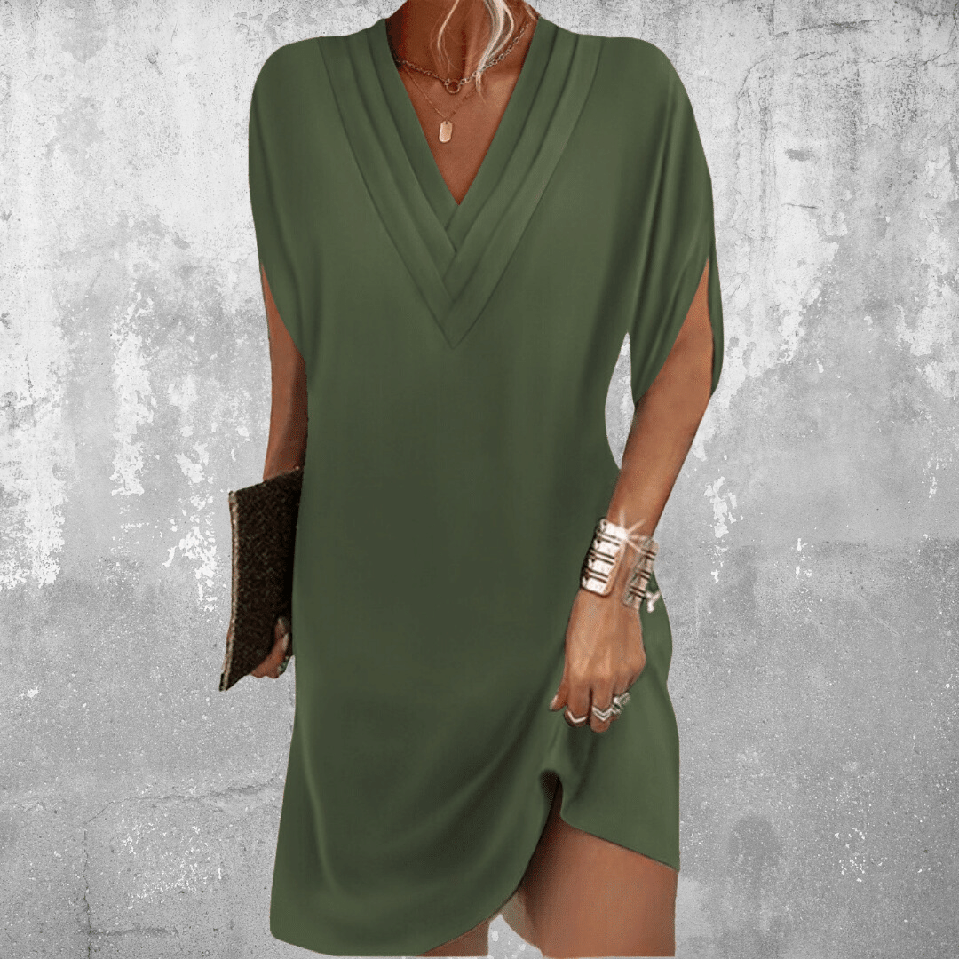 Women's V-Neck Sleeve Mini Dress with Side Split and Loose Fit