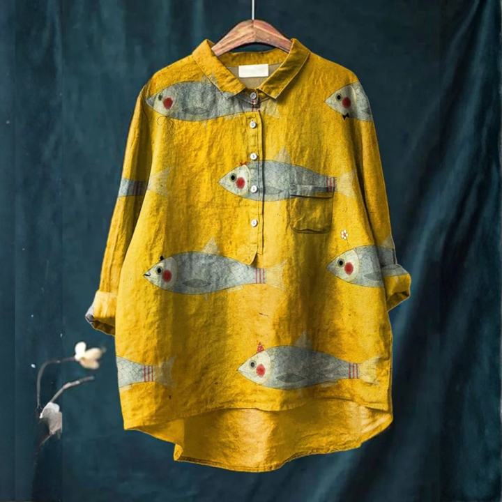 Women's Linen Patterned Shirt Oversized Button Front
