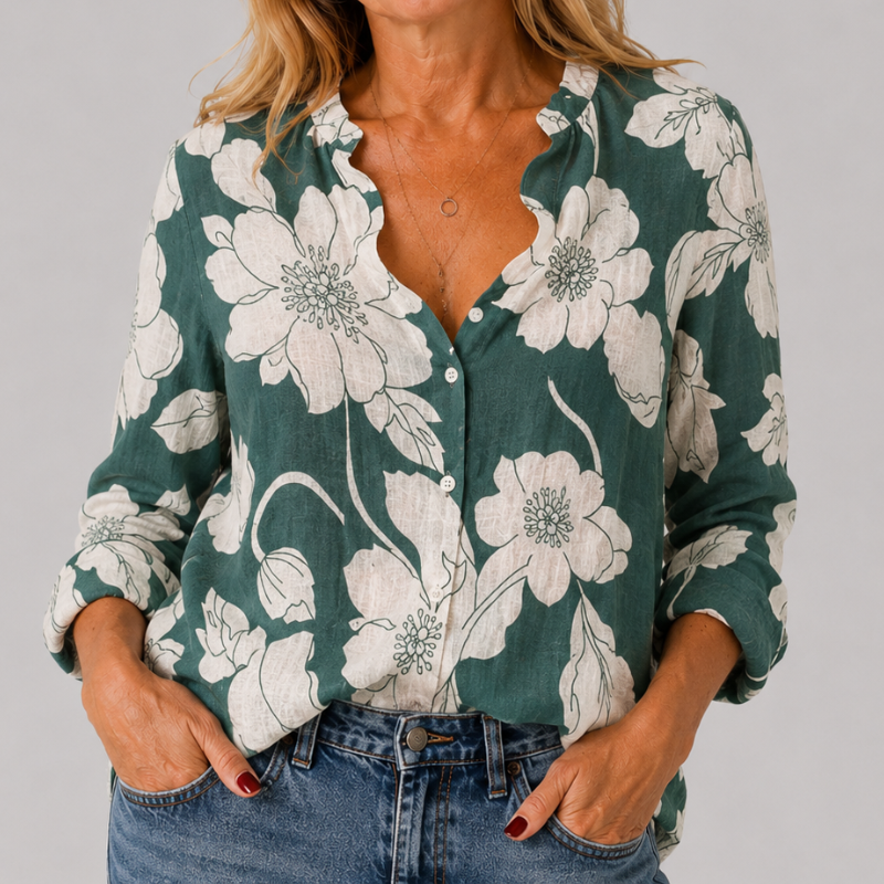 Women's Long Sleeve Button-Down Shirt with Lapel Detail and Curved Hem