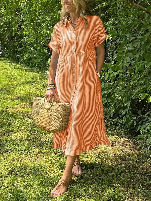 Women's Striped Button Up Midi Dress with Spread Collar and Gathered Waist