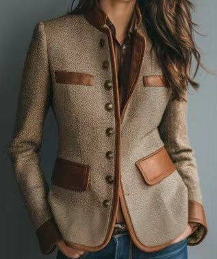 Women's Tweed Stand Collar Faux Leather Trim Blazer