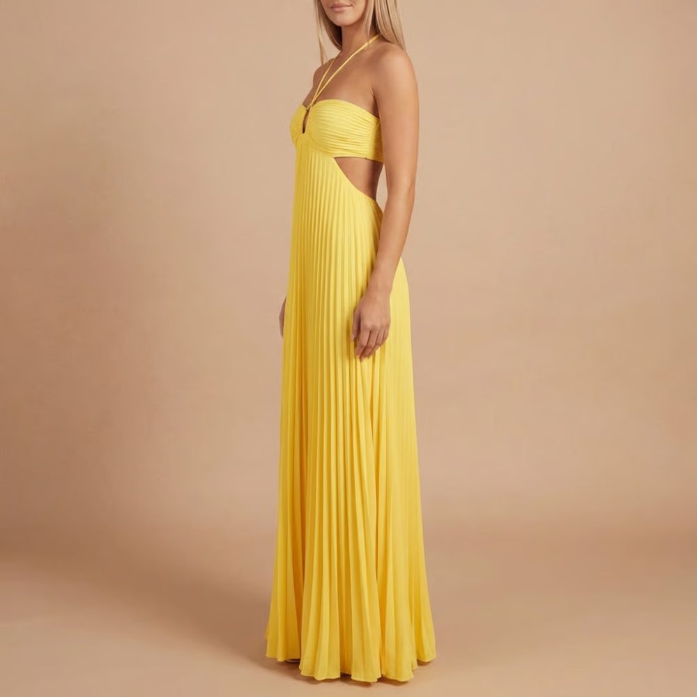 Women's Wedding Guest Pleated Halter Maxi Dress
