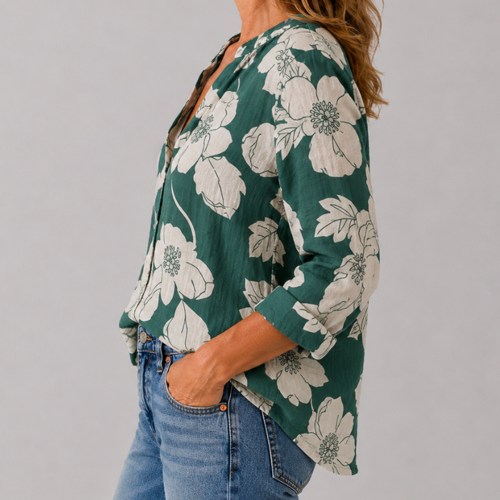 Women's Long Sleeve Button-Down Shirt with Lapel Detail and Curved Hem