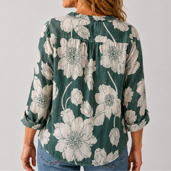 Women's Long Sleeve Button-Down Shirt with Lapel Detail and Curved Hem