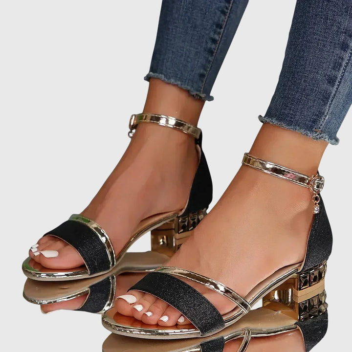 Women's Glitter Block Heel Sandals Ankle Strap Jeweled Heel