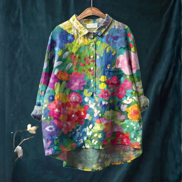 Women's Linen Patterned Shirt Oversized Button Front