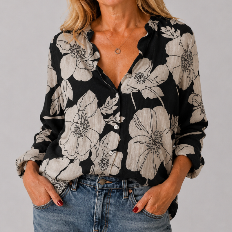 Women's Long Sleeve Button-Down Shirt with Lapel Detail and Curved Hem