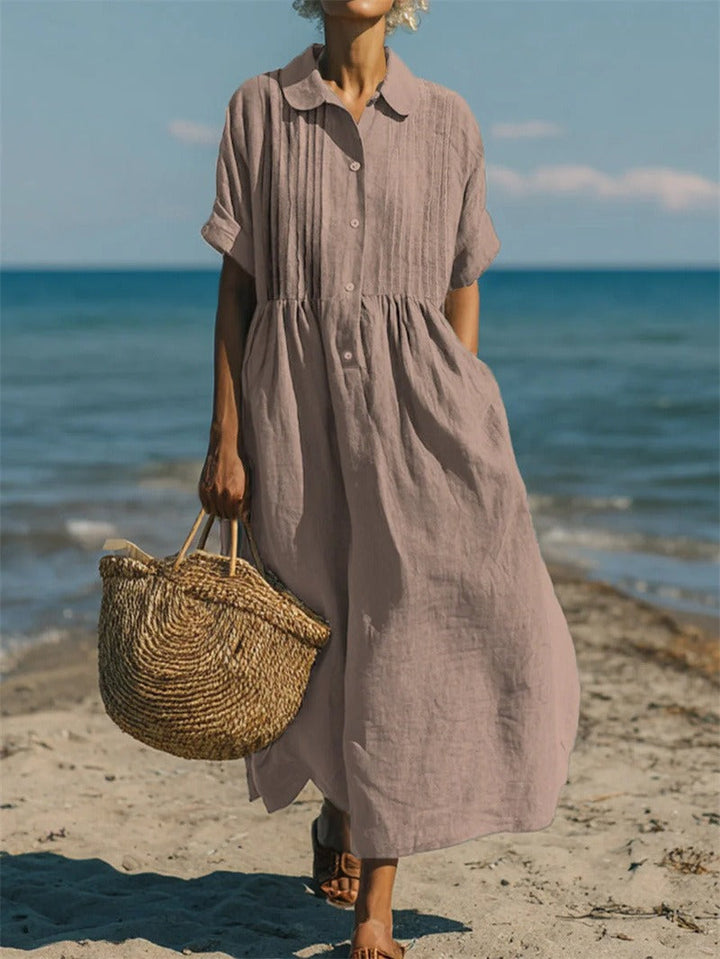 Women's Collared Pintuck Button-Front Gathered Midi Dress