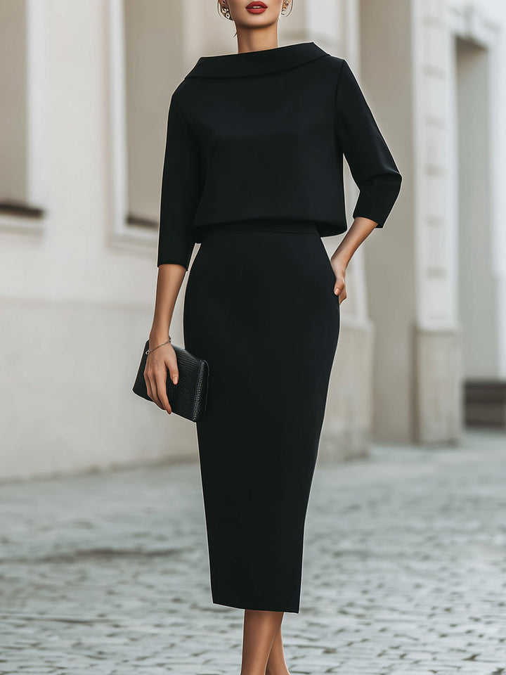 Women's Elegant Cropped Top And Midi Skirt Two-Piece Set with Boat Neckline