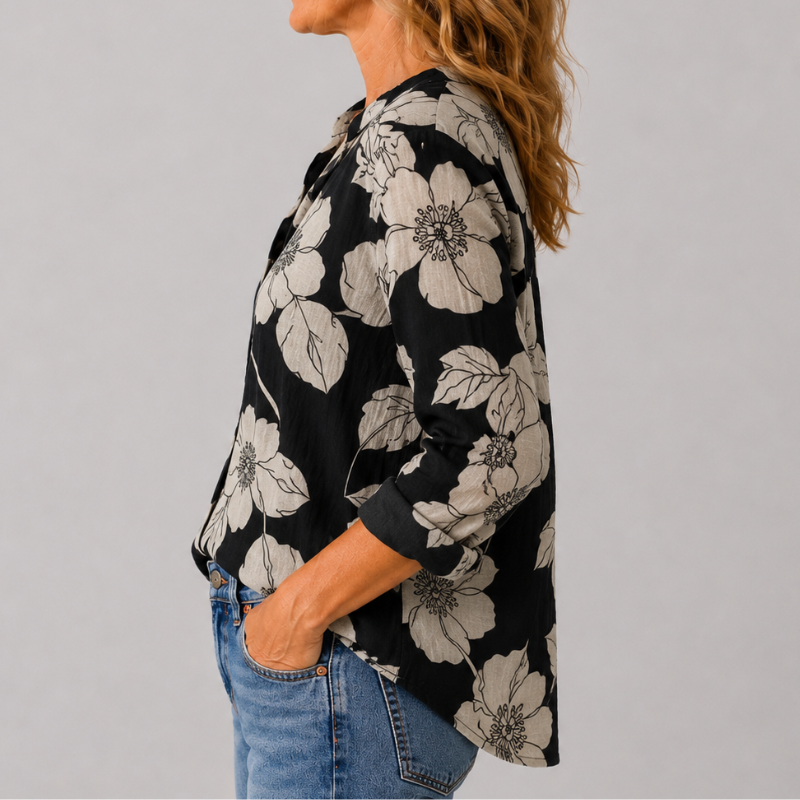 Women's Long Sleeve Button-Down Shirt with Lapel Detail and Curved Hem