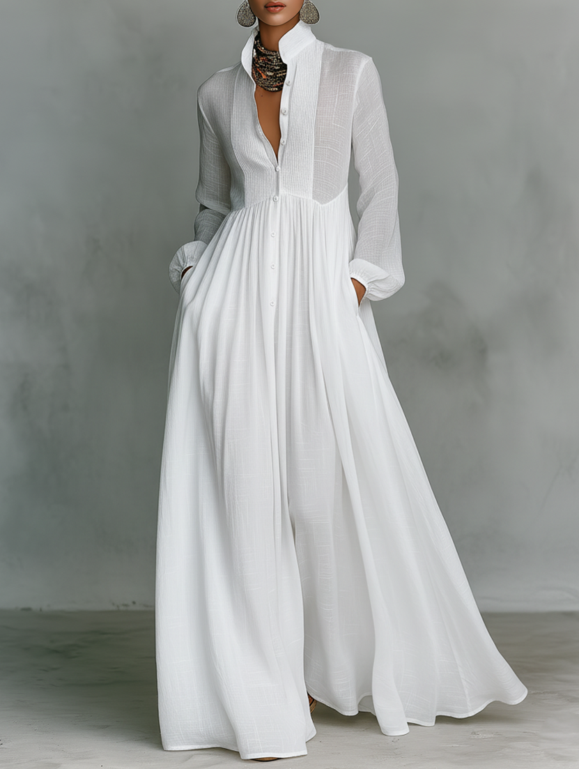 Women's Flowing Button-Front Maxi Dress with Long Sleeves and V-Neckline