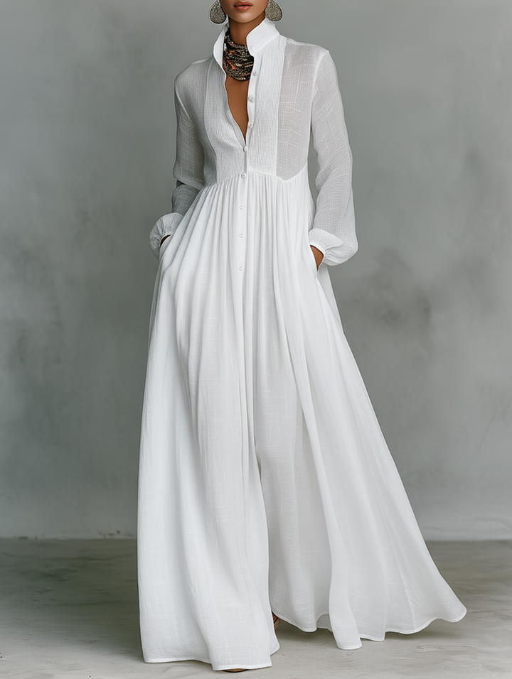 Women's Flowing Button-Front Maxi Dress with Long Sleeves and V-Neckline
