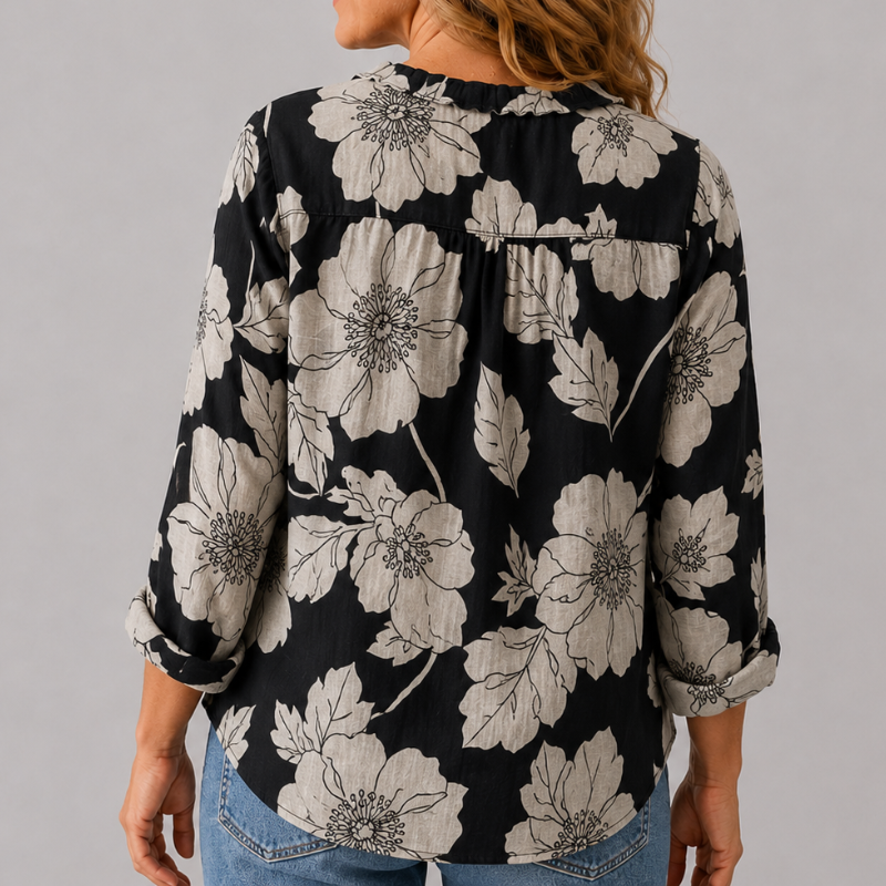 Women's Long Sleeve Button-Down Shirt with Lapel Detail and Curved Hem