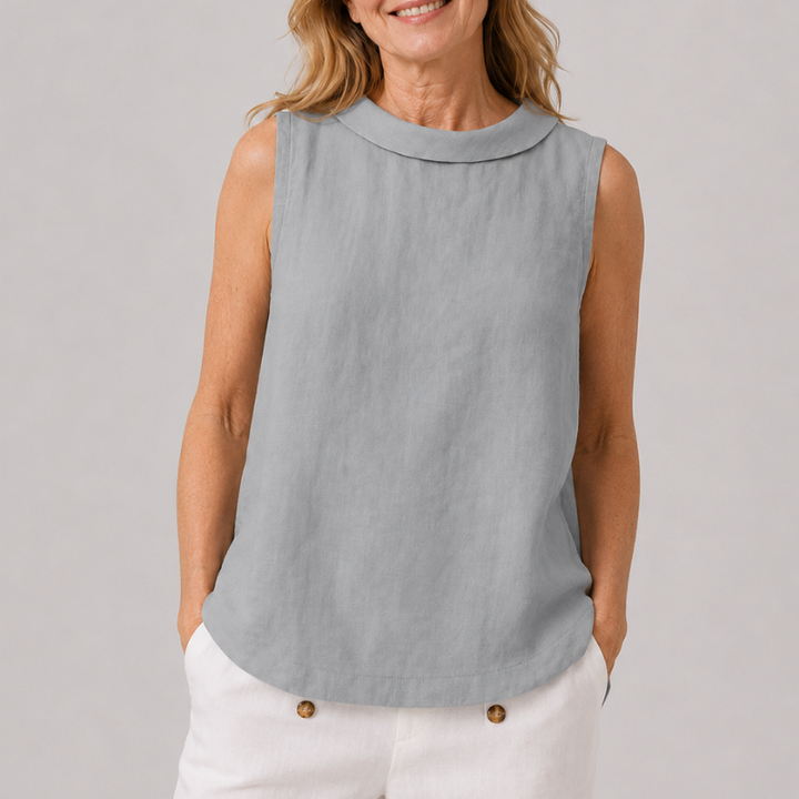 Sleeveless Roll Neck Collar Top with Back Keyhole and Curved Hem