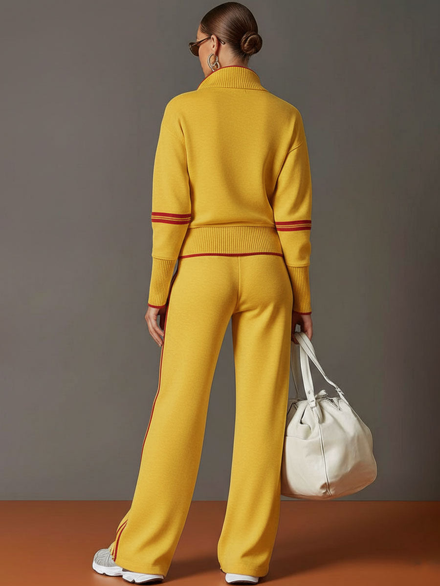 Women's Contrast Trim Half-Zip Jumper and Wide-Leg Trousers Set