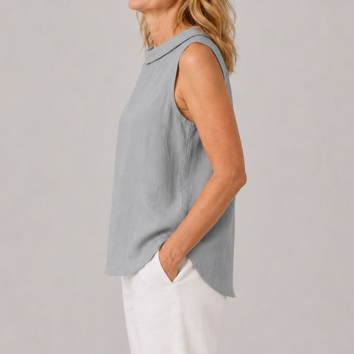 Sleeveless Roll Neck Collar Top with Back Keyhole and Curved Hem