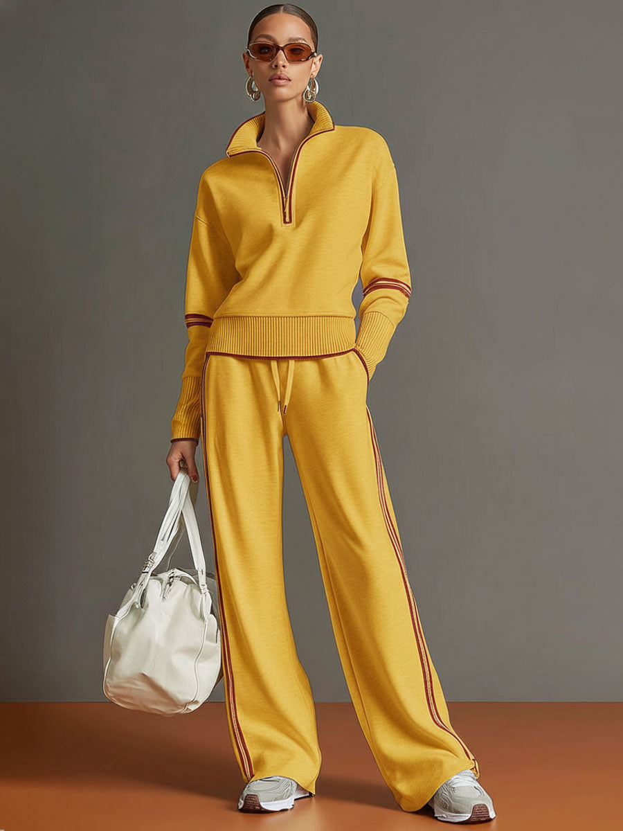 Women's Contrast Trim Half-Zip Jumper and Wide-Leg Trousers Set