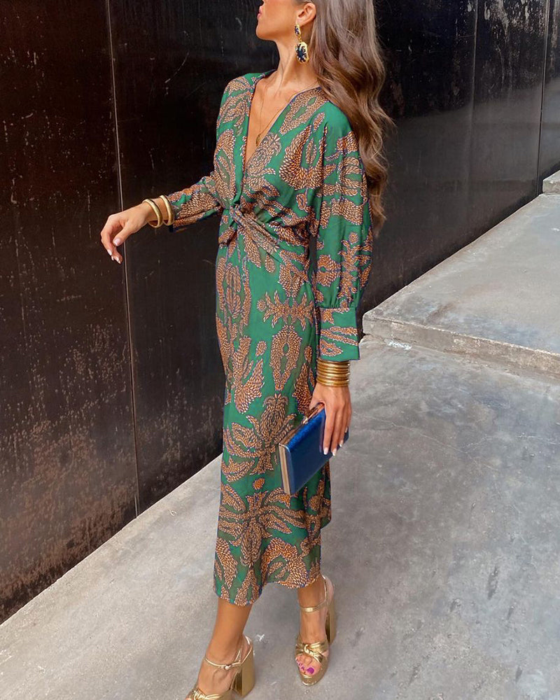 Women's Printed A-Line Maxi Wedding Guest Dress with V-Neck and Twist Waist