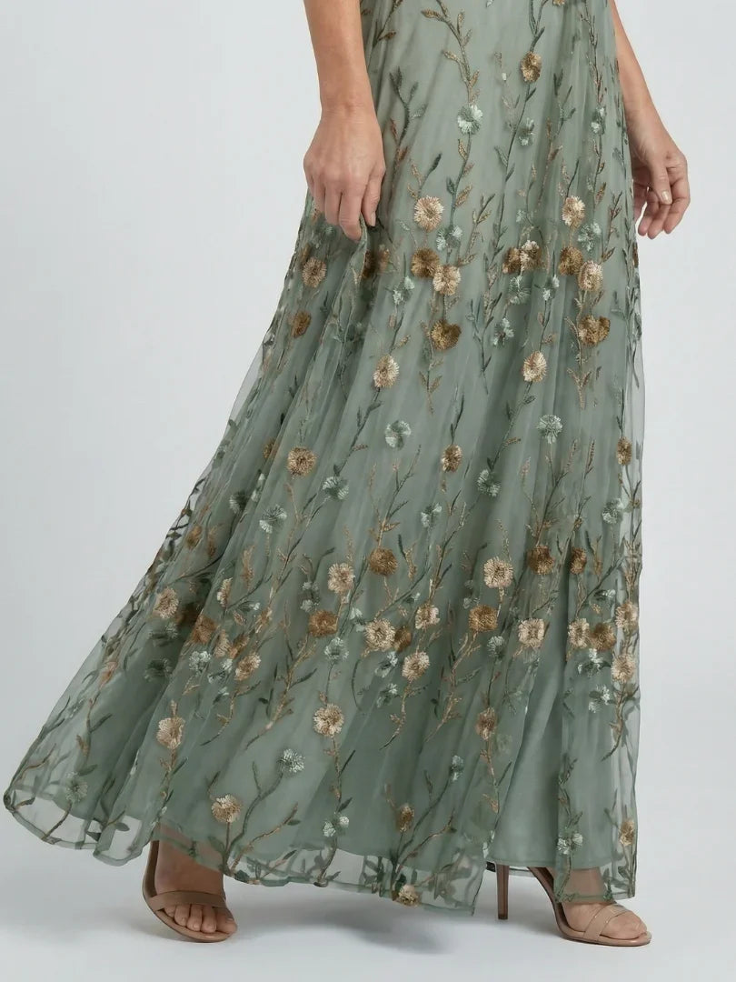Women's Floral Embroidered Maxi Dress V-Neck Flutter Sleeve