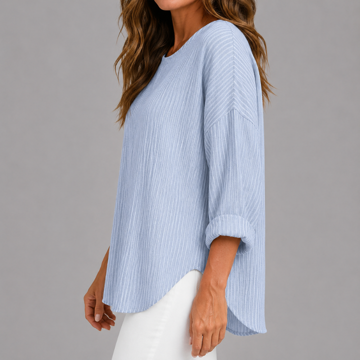 Women's Striped Relaxed Fit Top with Round Neck and Rolled Sleeves