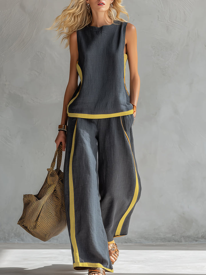 Women's Sleeveless Wide Leg Pants Set Contrast Trim