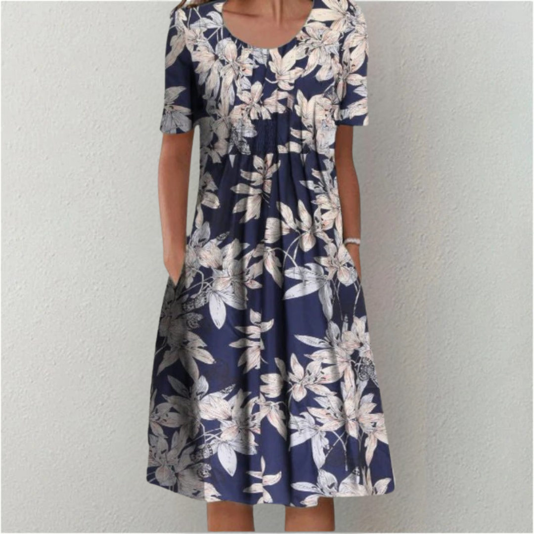 Women's Floral Print Short Sleeve Midi Dress with Gathered Bodice