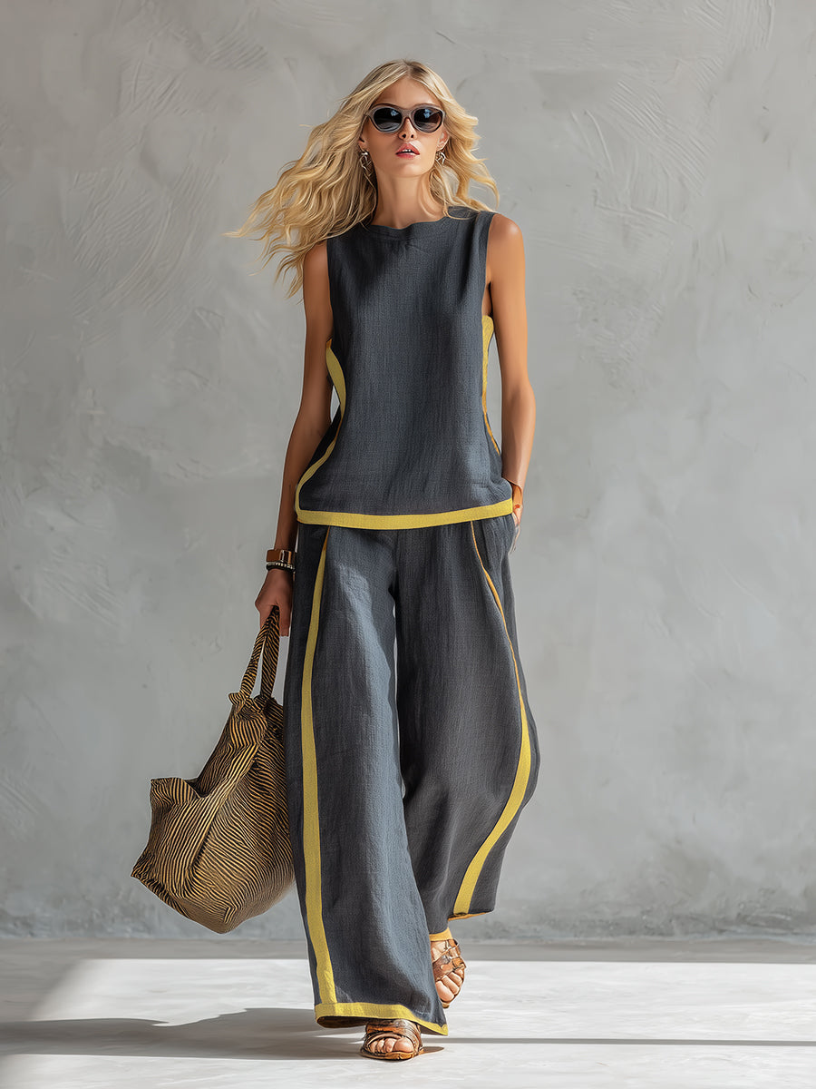 Women's Sleeveless Wide Leg Pants Set Contrast Trim