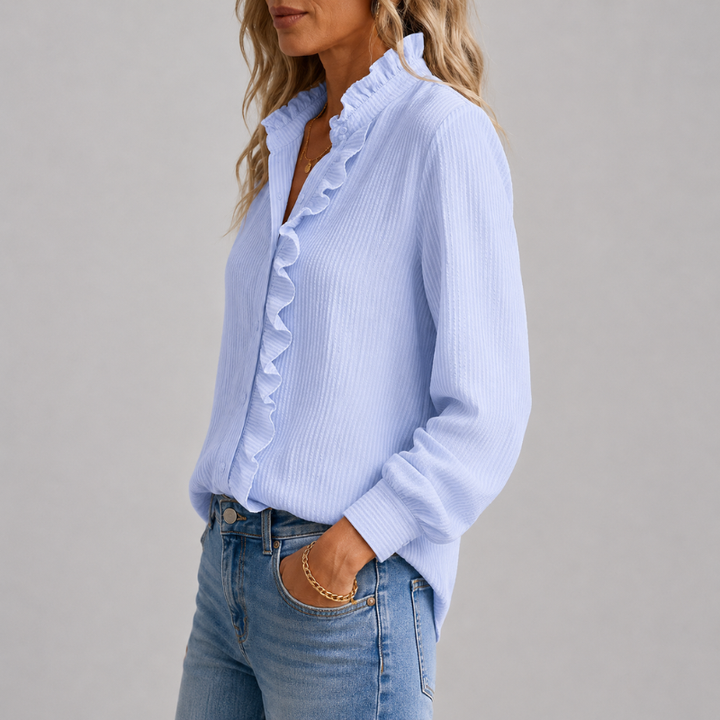 Women's Long Sleeve Button-Down Blouse with Ruffle Collar and Textured Weave